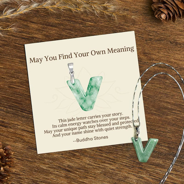 Buddha Stones "May You Find Your Own Meaning" Natural A-Z Letter Jade Titanium Steel Chain 925 Sterling Silver Chain Necklace Includes Gift Message Card - V - Titanium Steel Chain&Silver Chain(One Pendant) - Standard Gift Box - image 192