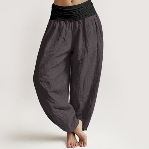Buddha Stones Cotton Blue Black Gray Solid Color Women's Elastic Waist Harem Pants - DimGray - US16，UK/AU20，EU48 (3XL) - image 8
