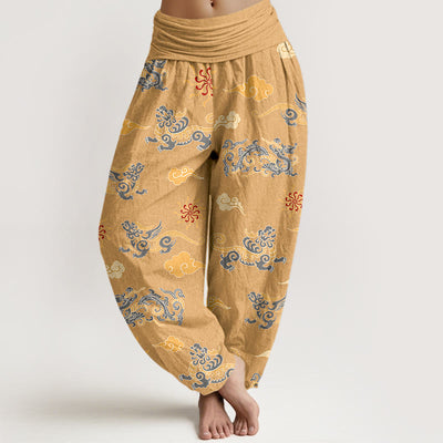 Buddha Stones Cotton Gorgeous Dragon Auspicious Beast Cloud Pattern Women's Elastic Waist Harem Pants - Gold - US16，UK/AU20，EU48 (3XL) - image 0
