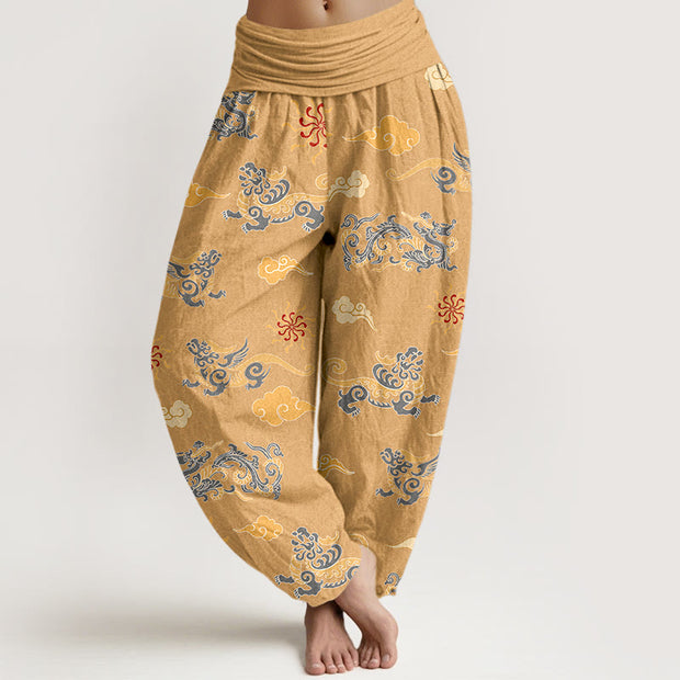 Buddha Stones Cotton Gorgeous Dragon Auspicious Beast Cloud Pattern Women's Elastic Waist Harem Pants - Gold - US16，UK/AU20，EU48 (3XL) - image 0