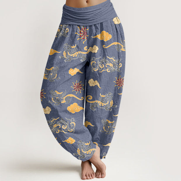Buddha Stones Cotton Gorgeous Dragon Auspicious Beast Cloud Pattern Women's Elastic Waist Harem Pants - LightSlateGray - US16，UK/AU20，EU48 (3XL) - image 5