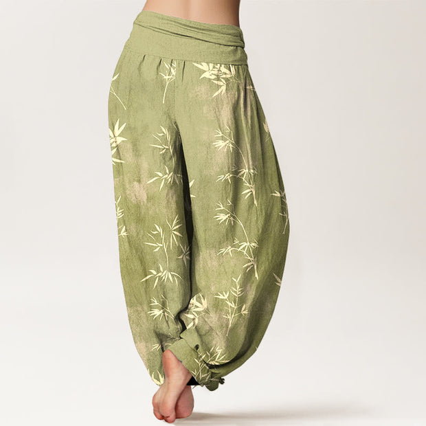 Buddha Stones Cotton Simple Bamboo Leaves Pattern Women's Elastic Waist Harem Pants - image 6