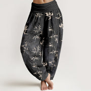 Buddha Stones Cotton Simple Bamboo Leaves Pattern Women's Elastic Waist Harem Pants - Black - US16，UK/AU20，EU48 (3XL) - image 8