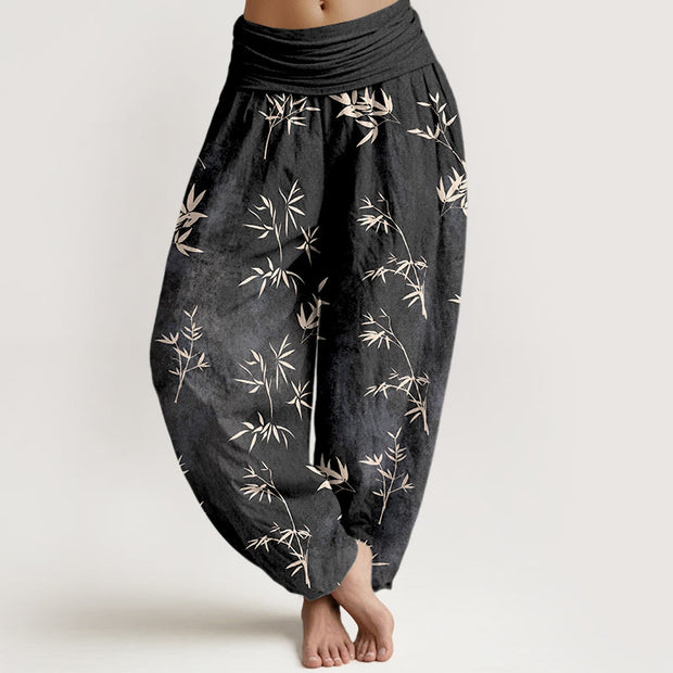 Buddha Stones Cotton Simple Bamboo Leaves Pattern Women's Elastic Waist Harem Pants - Black - US16，UK/AU20，EU48 (3XL) - image 8