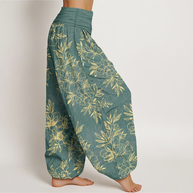 Buddha Stones Cotton Complicated Flowers Leaves Pattern Women's Elastic Waist Harem Pants - image 2