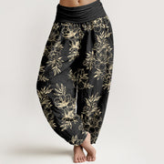 Buddha Stones Cotton Complicated Flowers Leaves Pattern Women's Elastic Waist Harem Pants - Black - US16，UK/AU20，EU48 (3XL) - image 8