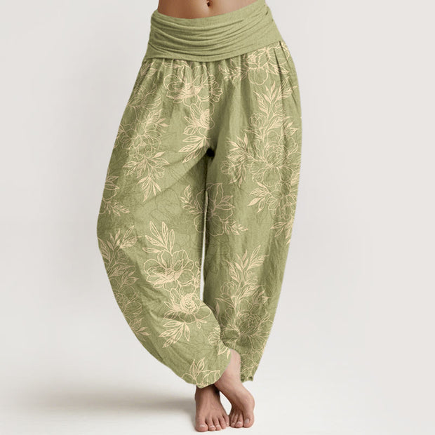 Buddha Stones Cotton Complicated Flowers Leaves Pattern Women's Elastic Waist Harem Pants - YellowGreen - US16，UK/AU20，EU48 (3XL) - image 11