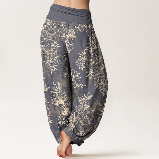 Buddha Stones Cotton Complicated Flowers Leaves Pattern Women's Elastic Waist Harem Pants - image 15