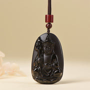 Buddha Stones Ksitigarbha Buddha Pattern Black Obsidian Fulfilment Necklace Pendant - Black Obsidian With Rope Chain - image 7