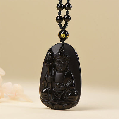 Buddha Stones Ksitigarbha Buddha Pattern Black Obsidian Fulfilment Necklace Pendant - Black Obsidian With Bead Chain - image 0