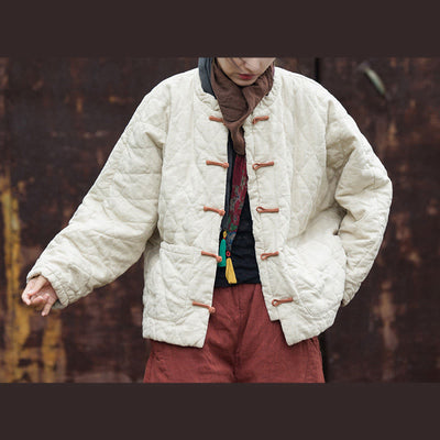 Buddha Stones Winter Frog-Button Lines Open Front Cotton Long Sleeve Women's Thermal Jacket With Pockets - FloralWhite - US14，UK/AU18，EU46 (2XL) - image 0