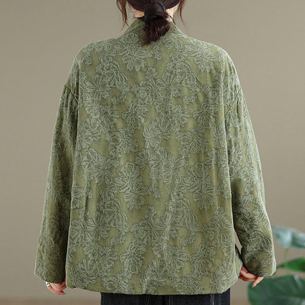 Buddha Stones Winter V-Neck Jacquard Frog-Button Cotton Long Sleeve Women's Thermal Jacket With Pockets - image 3