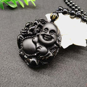 Buddha Stones Laughing Buddha Pattern Black Obsidian Glass Fulfilment Necklace Pendant - image 2