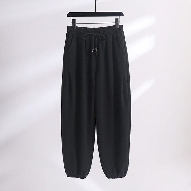 Buddha Stones Fall Winter Solid Drawstring Regular Fleece-Lined Elastic Waist Men's Cotton Harem Pants With Pockets - Black(Regular Version) - US/UK/AU54，EU64 (9XL) - image 8