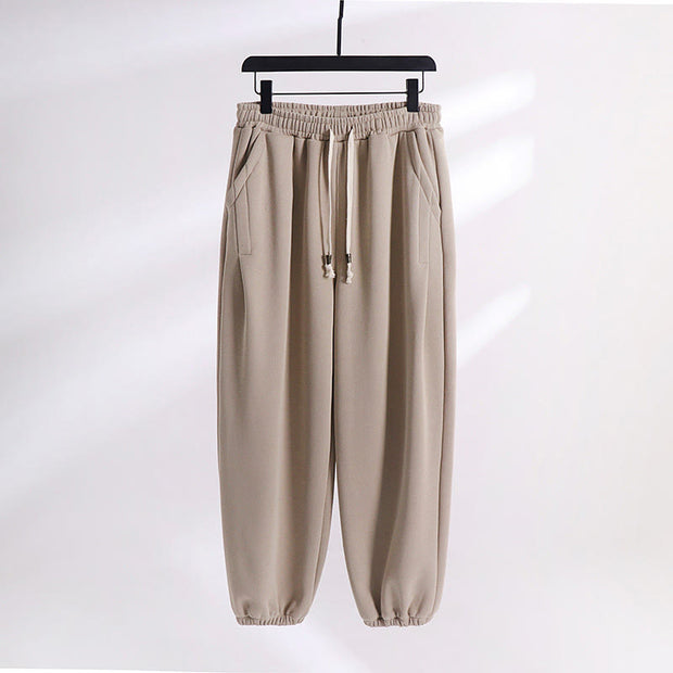 Buddha Stones Fall Winter Solid Drawstring Regular Fleece-Lined Elastic Waist Men's Cotton Harem Pants With Pockets - Beige(Regular Version) - US/UK/AU54，EU64 (9XL) - image 9