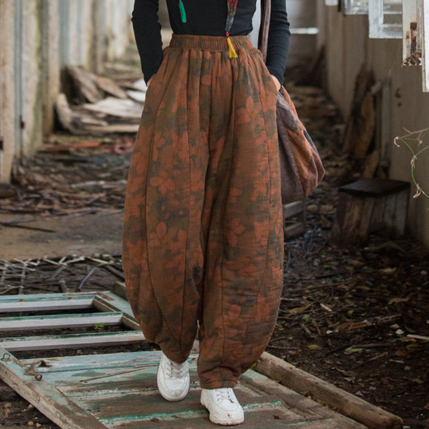 Buddha Stones Flower Pattern Cotton Thick Women's  Pants With Pockets - Chocolate  - US4-6，UK/AU8-10，EU36-38 (F) - image 0