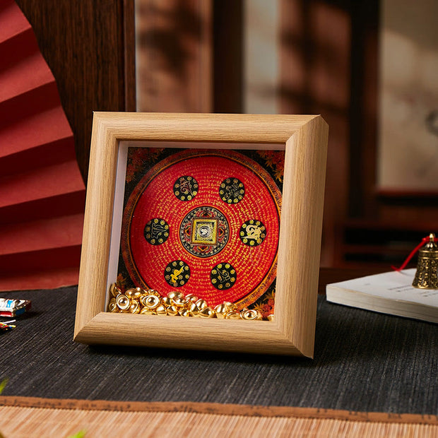 Buddha Stones Tibetan Om Mani Padme Hum Golden Ingot Thangka Photo Frame Ornament Home Decor - Style 2 - Yellow Medium Density Fiberboard(10*10*4cm) - image 2