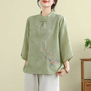Buddha Stones Flower Embroidery Three Quarter Sleeve One Frog-Button Mandarin Collar Cotton Women's Shirt - PaleGreen - US12，UK/AU16，EU44 (3XL) - image 0