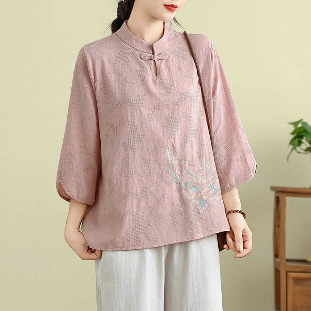 Buddha Stones Flower Embroidery Three Quarter Sleeve One Frog-Button Mandarin Collar Cotton Women's Shirt - LightPink - US12，UK/AU16，EU44 (3XL) - image 16