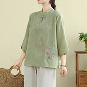 Buddha Stones Flower Embroidery Three Quarter Sleeve One Frog-Button Mandarin Collar Cotton Women's Shirt - image 3