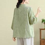 Buddha Stones Flower Embroidery Three Quarter Sleeve One Frog-Button Mandarin Collar Cotton Women's Shirt - image 2