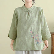 Buddha Stones Flower Embroidery Three Quarter Sleeve One Frog-Button Mandarin Collar Cotton Women's Shirt - image 5