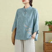Buddha Stones Flower Embroidery Three Quarter Sleeve One Frog-Button Mandarin Collar Cotton Women's Shirt - image 14