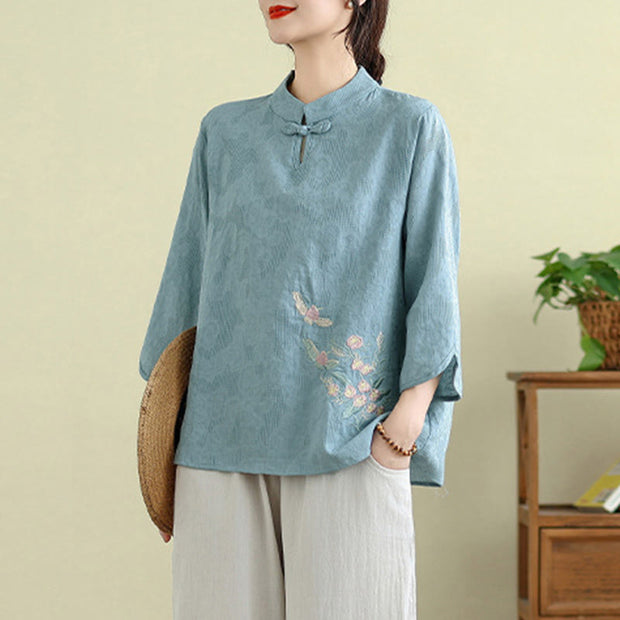 Buddha Stones Flower Embroidery Three Quarter Sleeve One Frog-Button Mandarin Collar Cotton Women's Shirt - image 14