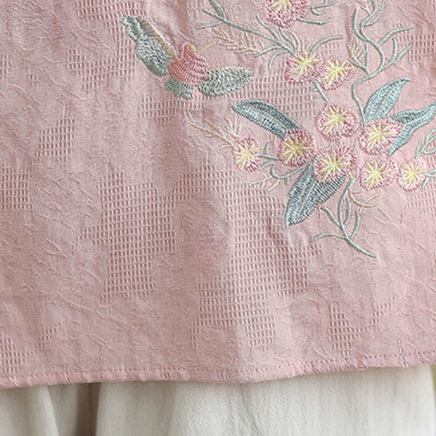 Buddha Stones Flower Embroidery Three Quarter Sleeve One Frog-Button Mandarin Collar Cotton Women's Shirt - image 25