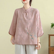 Buddha Stones Flower Embroidery Three Quarter Sleeve One Frog-Button Mandarin Collar Cotton Women's Shirt - image 22