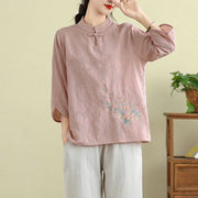 Buddha Stones Flower Embroidery Three Quarter Sleeve One Frog-Button Mandarin Collar Cotton Women's Shirt - image 18
