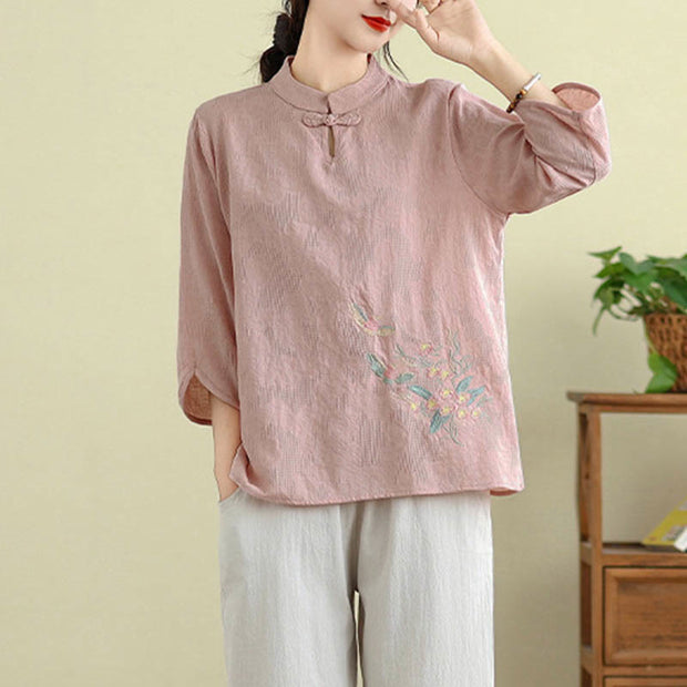 Buddha Stones Flower Embroidery Three Quarter Sleeve One Frog-Button Mandarin Collar Cotton Women's Shirt - image 18