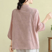 Buddha Stones Flower Embroidery Three Quarter Sleeve One Frog-Button Mandarin Collar Cotton Women's Shirt - image 19