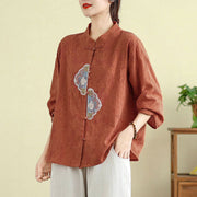Buddha Stones Flower Embroidery Jacquard Three Quarter Sleeve Frog-Button Cotton Women's Shirt - Tomato - US12，UK/AU16，EU44 (3XL) - image 0