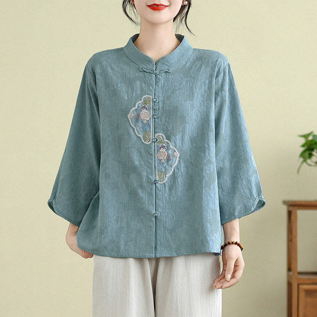 Buddha Stones Flower Embroidery Jacquard Three Quarter Sleeve Frog-Button Cotton Women's Shirt - LightBlue - US12，UK/AU16，EU44 (3XL) - image 9
