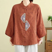 Buddha Stones Flower Embroidery Jacquard Three Quarter Sleeve Frog-Button Cotton Women's Shirt - image 1