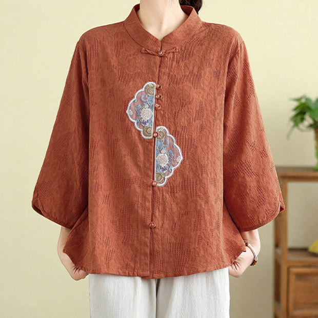 Buddha Stones Flower Embroidery Jacquard Three Quarter Sleeve Frog-Button Cotton Women's Shirt - image 1
