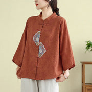 Buddha Stones Flower Embroidery Jacquard Three Quarter Sleeve Frog-Button Cotton Women's Shirt - image 4