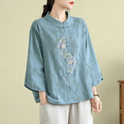Buddha Stones Flower Embroidery Jacquard Three Quarter Sleeve Frog-Button Cotton Women's Shirt - image 10
