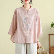 Buddha Stones Flower Embroidery Jacquard Three Quarter Sleeve Frog-Button Cotton Women's Shirt - image 16