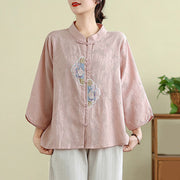 Buddha Stones Flower Embroidery Jacquard Three Quarter Sleeve Frog-Button Cotton Women's Shirt - image 19
