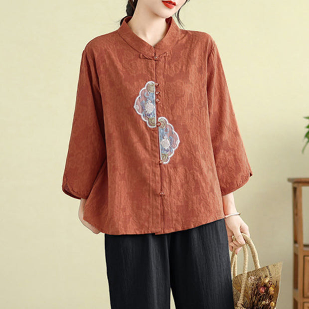 Buddha Stones Flower Embroidery Jacquard Three Quarter Sleeve Frog-Button Cotton Women's Shirt - image 7
