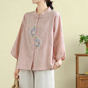 Buddha Stones Flower Embroidery Jacquard Three Quarter Sleeve Frog-Button Cotton Women's Shirt - image 21