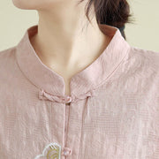 Buddha Stones Flower Embroidery Jacquard Three Quarter Sleeve Frog-Button Cotton Women's Shirt - image 22