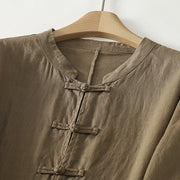 Buddha Stones Fall Solid Color Frog-Button Stand Collar Three Quarter Sleeve Mid-length Women's Cotton Shirt - image 3