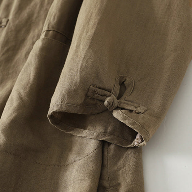 Buddha Stones Fall Solid Color Frog-Button Stand Collar Three Quarter Sleeve Mid-length Women's Cotton Shirt - image 6