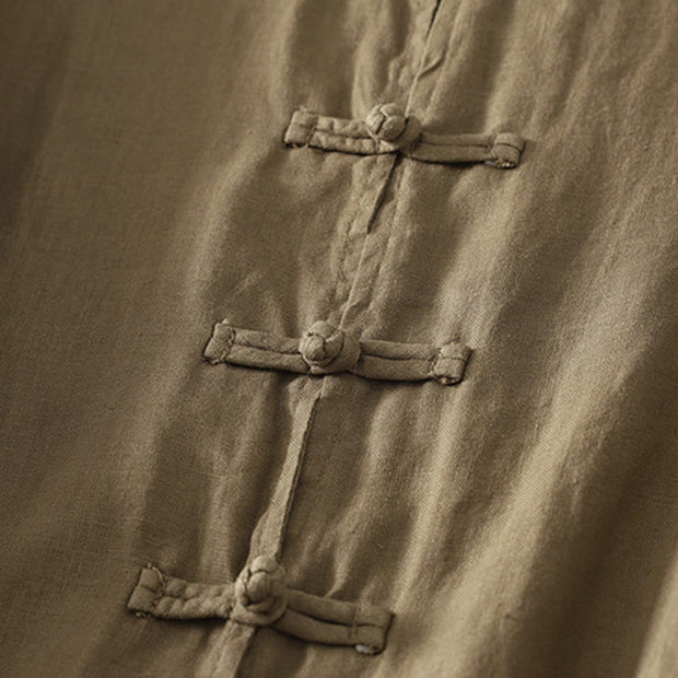 Buddha Stones Fall Solid Color Frog-Button Stand Collar Three Quarter Sleeve Mid-length Women's Cotton Shirt - image 4