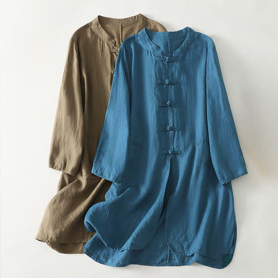 Buddha Stones Fall Solid Color Frog-Button Stand Collar Three Quarter Sleeve Mid-length Women's Cotton Shirt - image 0