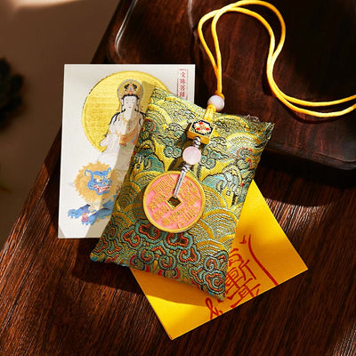 Buddha Stones Chinese Zodiac Natal Buddha Copper Coins Sachet Blessing Hanging Decoration - Green Fabric - Rabbit-Manjushri Bodhisattva - image 0