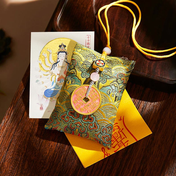 Buddha Stones Chinese Zodiac Natal Buddha Copper Coins Sachet Blessing Hanging Decoration - Green Fabric - Rat-Thousand-armed Avalokitesvara - image 1